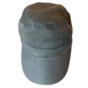 Olive Green Cadet Military Style Hat Rhinestone Peace One Size Y2K Streetwear